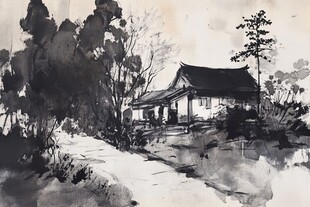 水墨绘中式屋景