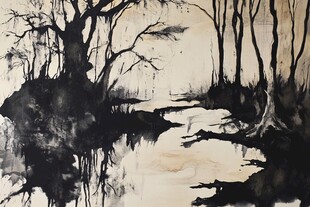 水墨风林中溪流景象