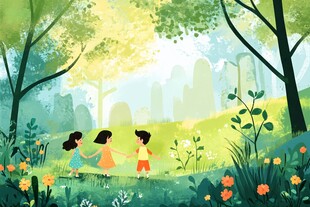 儿童漫步于春日森林