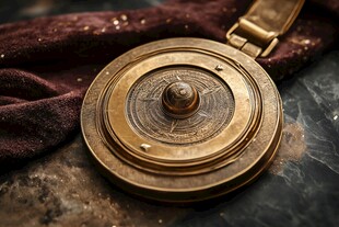 古老黄铜罗盘置于绒布上