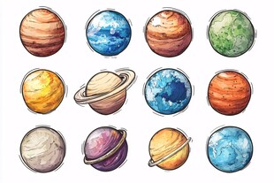 手绘多彩太阳系行星集合