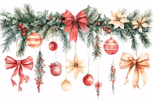 圣诞花环装饰水彩插画