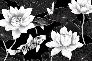 黑白荷花锦鲤艺术图案