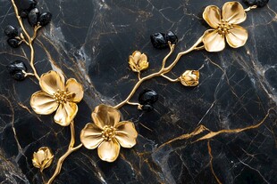 黑金大理石上的金色花卉装饰