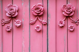 粉色雕花木门上的浪漫花卉