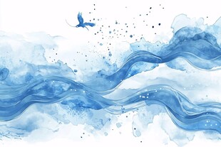 蓝色水墨风飞鸟海浪图