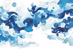 中式蓝白海浪祥云图案