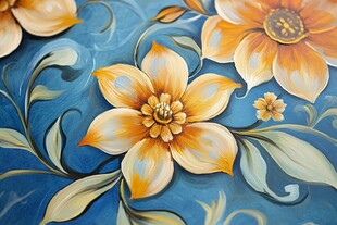 蓝色背景上的绚烂花卉图案