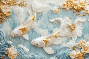 金白锦鲤游弋于繁花浪间