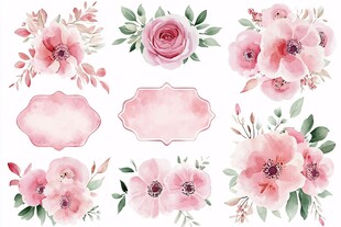粉色水彩花卉装饰元素集