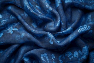 蓝色花纹丝绸面料特写