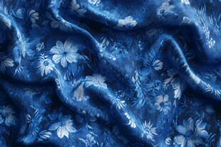 蓝色花卉图案柔软丝绸面料