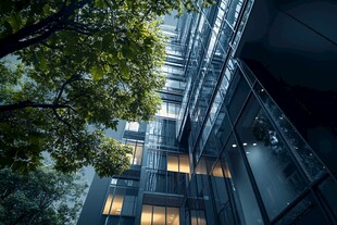 都市中玻璃建筑与绿树相映