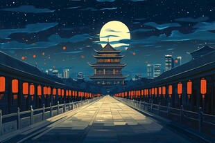 月夜下的古风建筑与城市景观