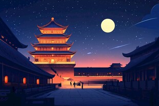 月夜下的古风楼阁美景