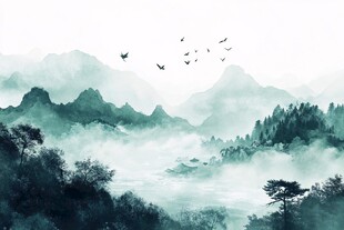 水墨山水间飞鸟翱翔图