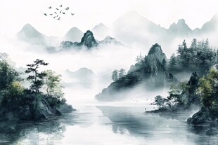 水墨山水间 飞鸟伴江景