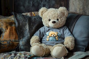 可爱泰迪熊坐于多彩沙发