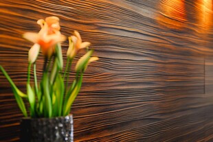 花瓶中的橙色花卉与木纹背景