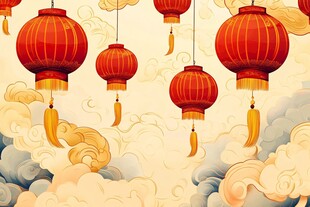 中式云间红灯笼喜庆图景