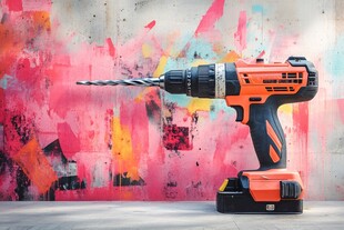 橙色电钻置于多彩背景前