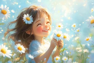 小女孩花海中开心微笑