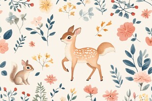 小鹿松鼠与繁花的梦幻场景