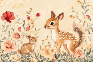 小鹿小兔共赏烂漫花丛