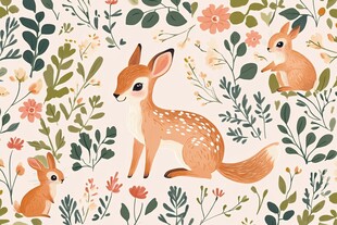 森林中的可爱动物与花卉