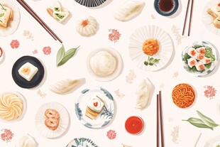 多样中式点心与餐具插画