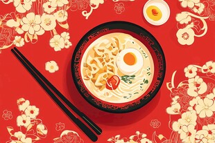 中式红底拉面美食插画