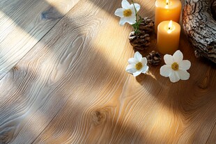木质地板上的烛光花卉