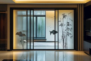 中式风格玻璃移门室内景