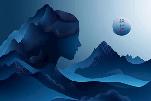 山水间的侧脸剪影意境图