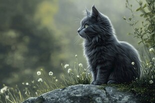 灰毛猫咪静立岩石赏景