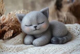 熟睡的灰色毛毡小猫摆件