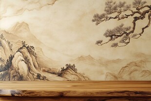中式山水背景木质台面