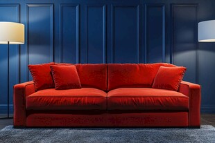 红色沙发配深蓝背景客厅风