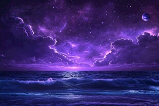 梦幻紫色星空下的浩瀚海洋