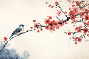 枝头鹊立赏红梅