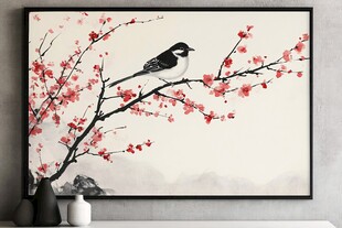 梅枝栖鸟图