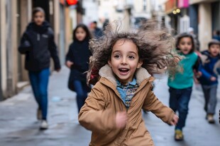 街头奔跑的欢乐小女孩