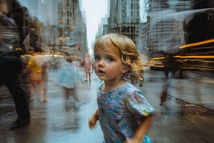 雨中漫步的金发小女孩