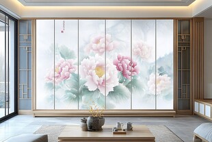 中式客厅牡丹背景墙装饰