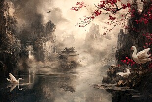 水墨山水间的禽鸟与繁花