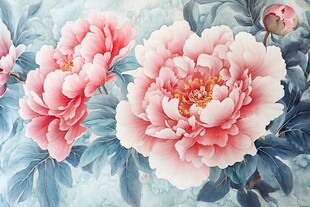 国画风娇艳盛开的牡丹花