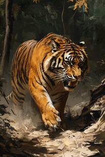森林中威猛行走的斑斓猛虎