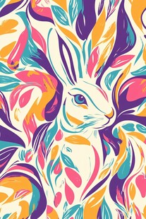 多彩抽象风兔子花卉图案