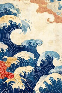 浮世绘风格海浪与金鱼图景