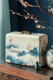 中式山水图案复古手提箱